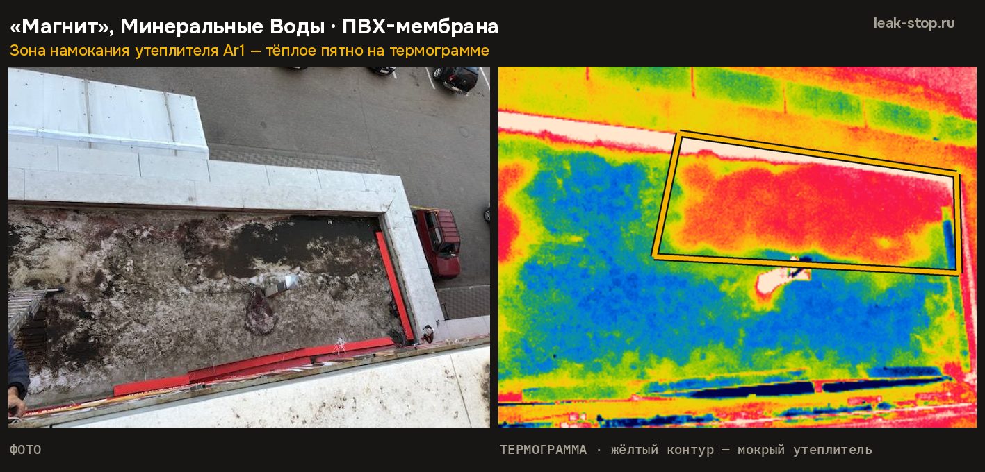 Фото кровли и термограмма того же участка: мокрая зона обведена — поиск и ремонт протечек плоской кровли